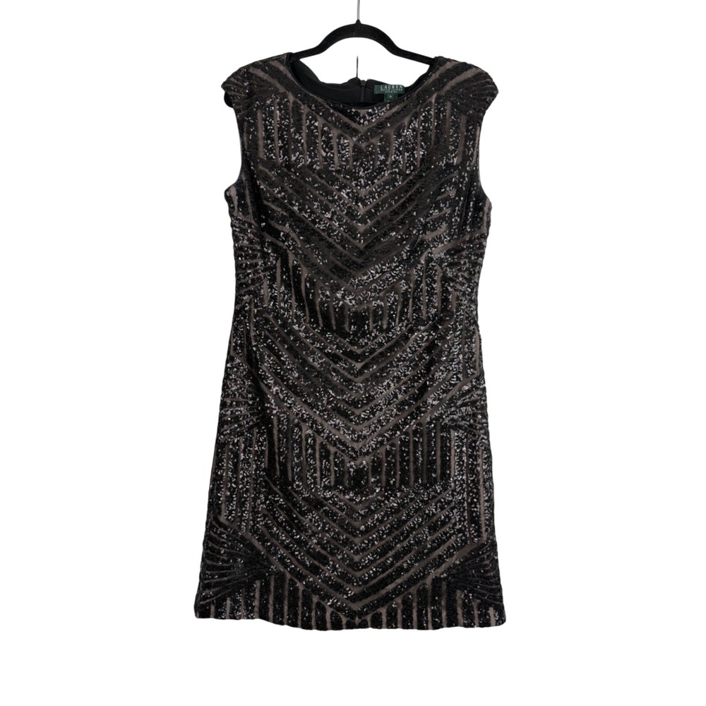 Lauren Ralph Lauren Evening Black Sequin Geometric Sheath Dress 14 Cocktail